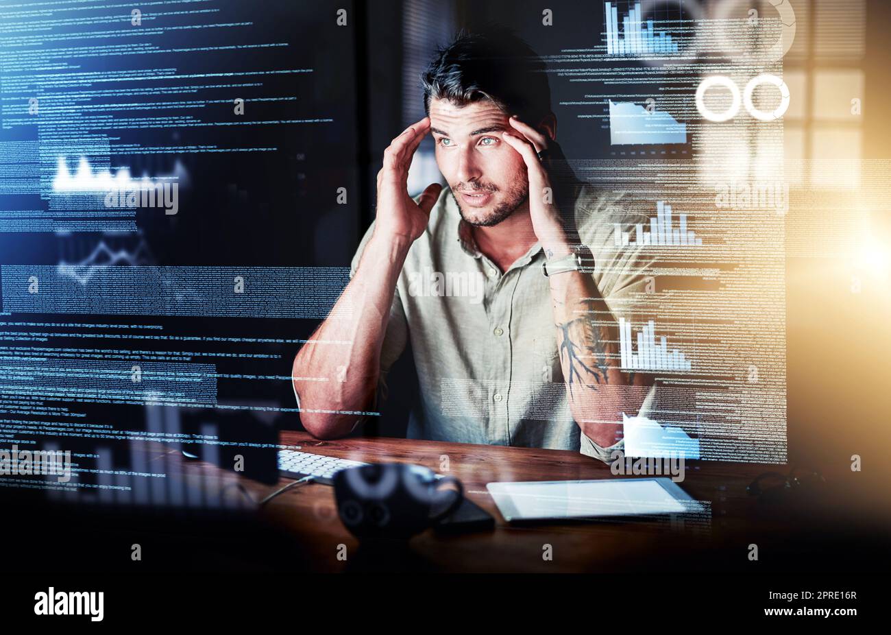 Stressed computer engineer reading code, cgi data and making mistake while analyzing special effects charts while working late at night. Confused, worried and anxious web developer discovering a hack Stock Photo
