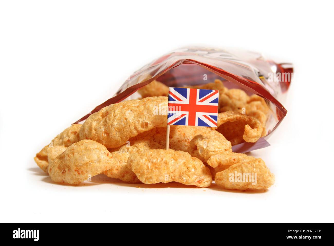 Open Bag of Fried Pork Skins With Flag of England Stock Photo