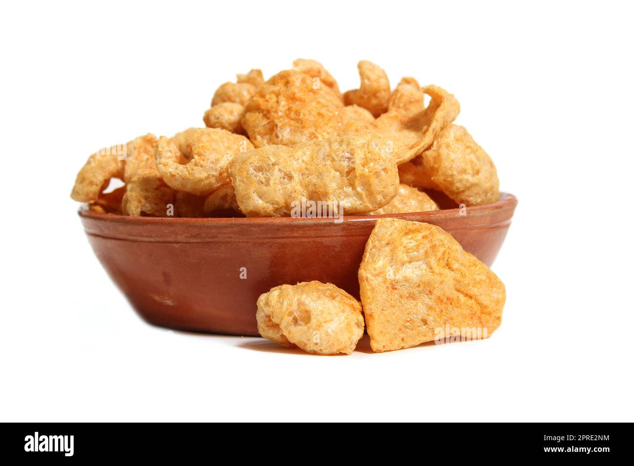 Bowl of Fried Pork Skins Isolated on White Background Stock Photo