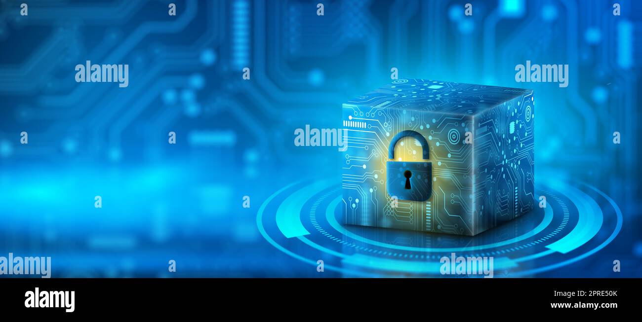 Cube technology on Converging point of circuit with padlock. Blockchain ...