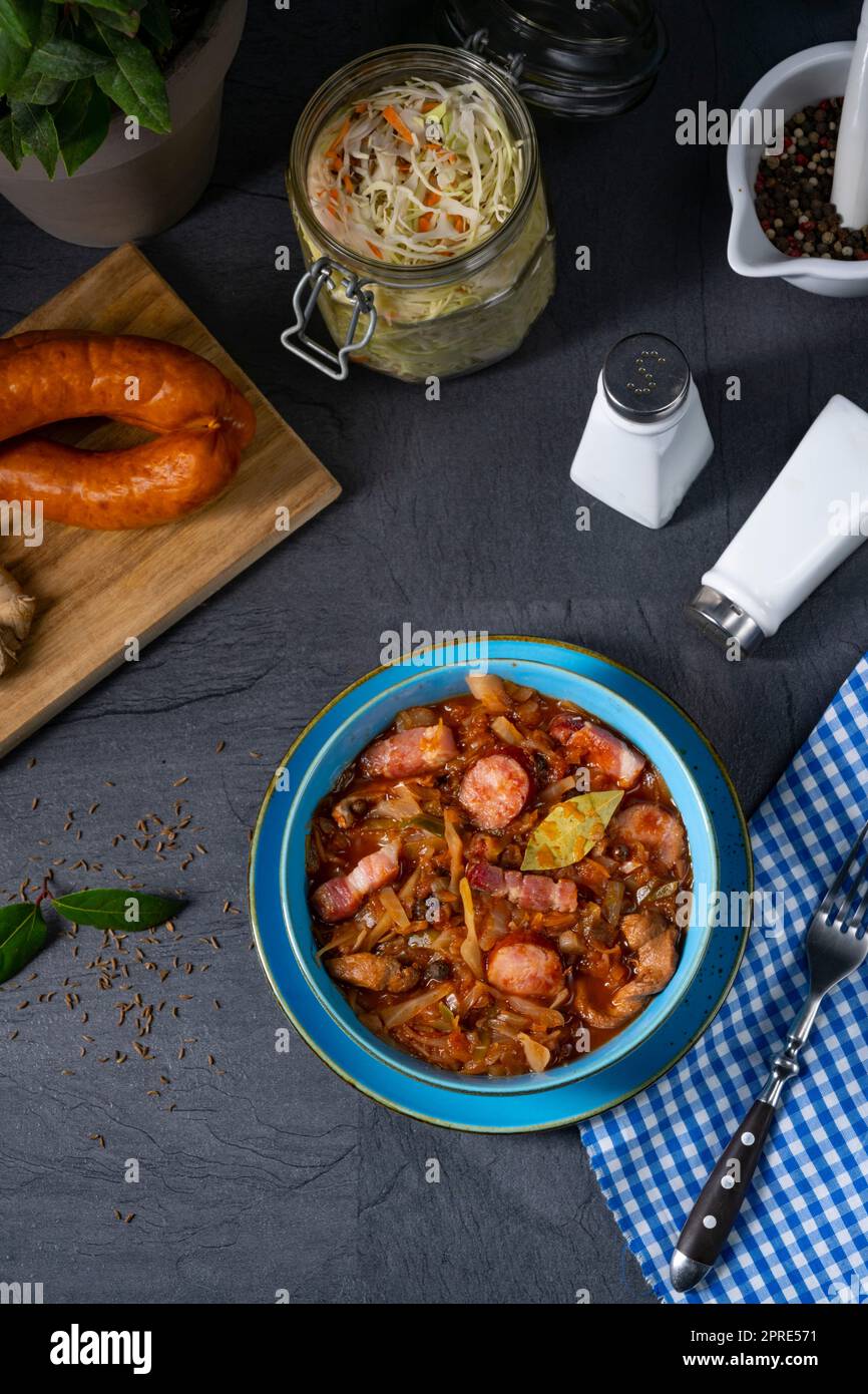 Polish bigos with sausage and mushrooms Stock Photo Alamy