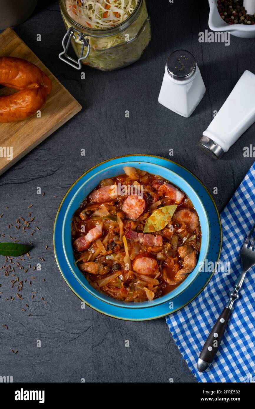 Polish bigos with sausage and mushrooms Stock Photo Alamy