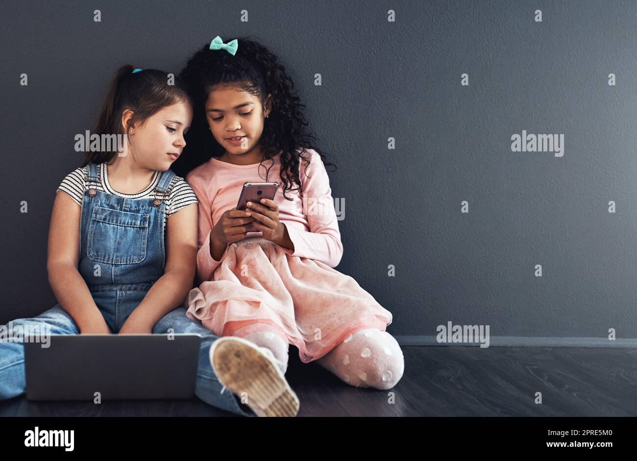 Born in the screen generation. Studio shot of two young girls sitting on the floor and using wireless technology against a gray background. Stock Photo