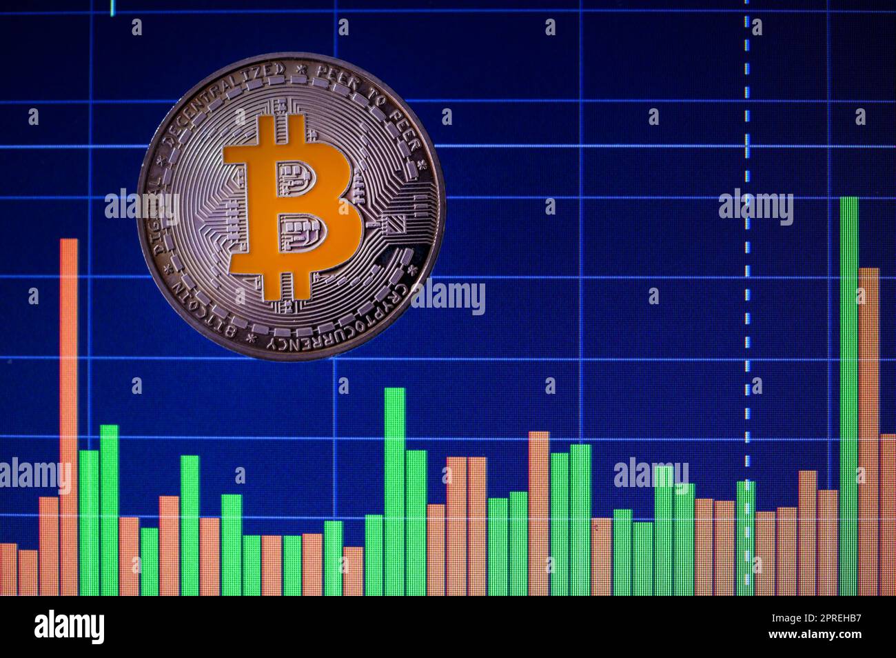 Silver Bitcoin cryptocurrency with candle stick graph chart and digital ...