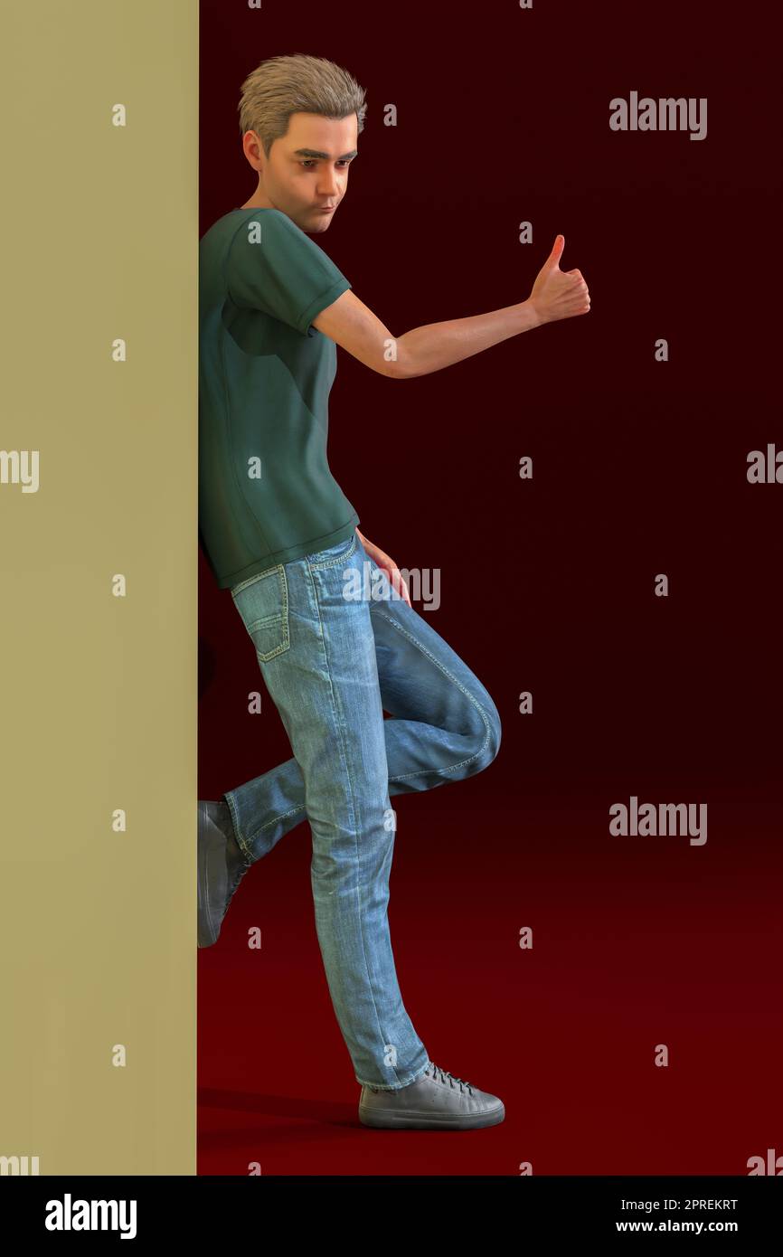 young man thumb up full length standing accosted on wall everything is ok cool attitude 3D illustration Stock Photo