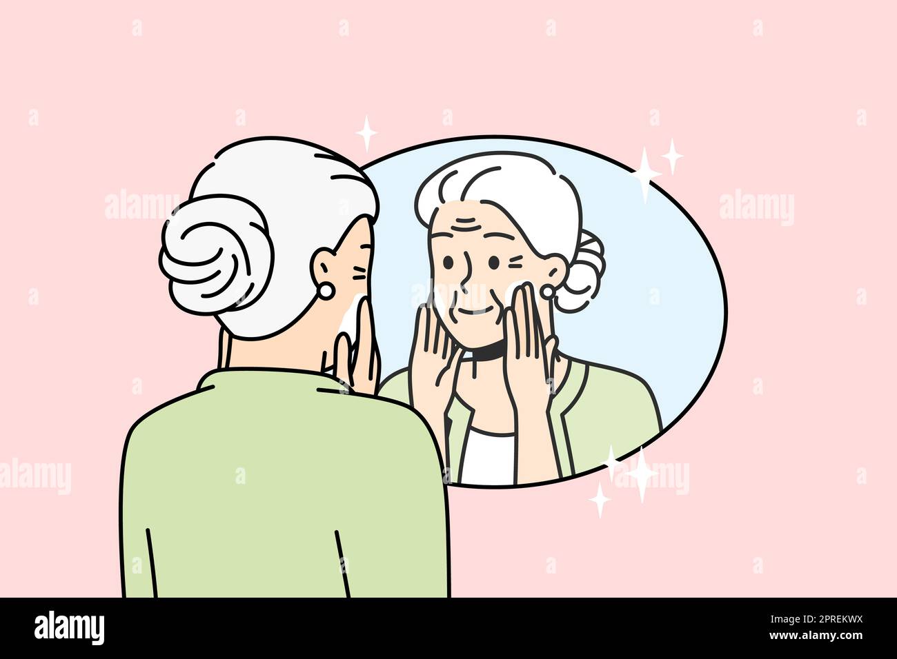 Elderly Lady Puts Anti Aging Cream On Face In Front Of Mirror Old Woman Takes Care Of Facial