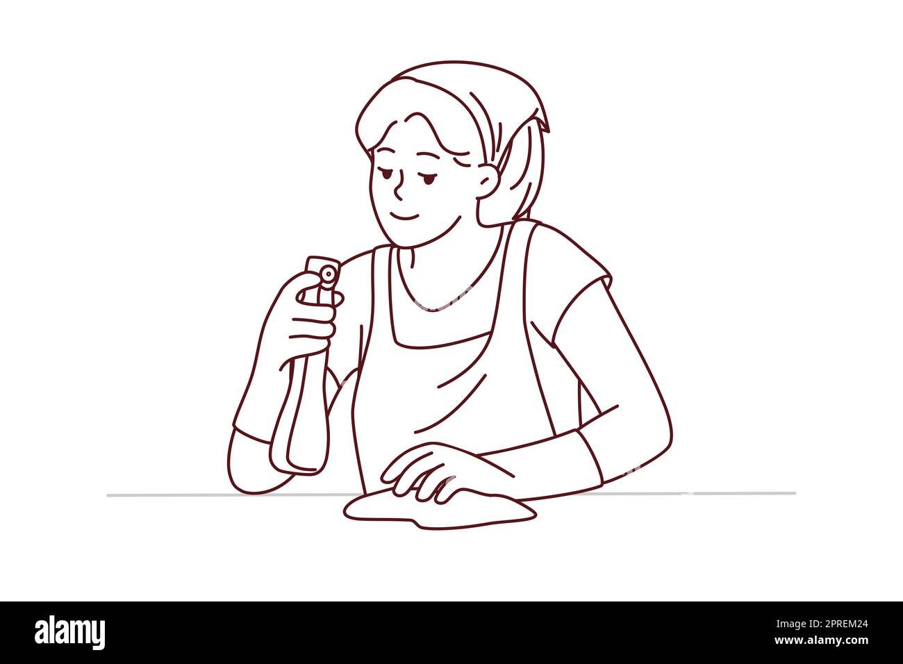 Female housekeeper with detergent and cloth working cleaning surface