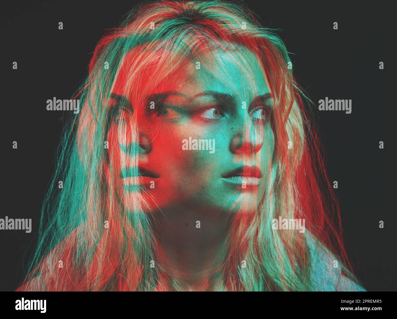 Psychology, bipolar and motion blur psychedelic of woman with mental