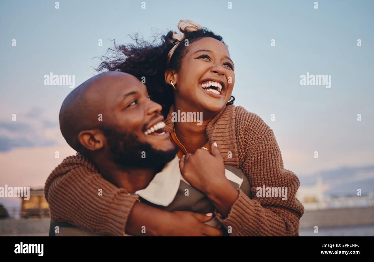 Happy black couple, love and hug laughing in joyful happiness for ...