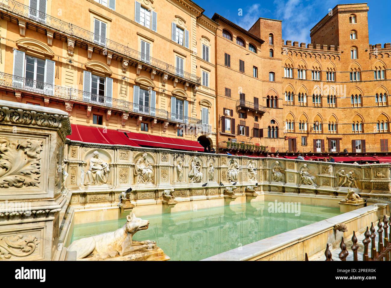 Siena Tuscany Italy. Fonte Gaia (joyous fountain) in Piazza del Campo Stock Photo
