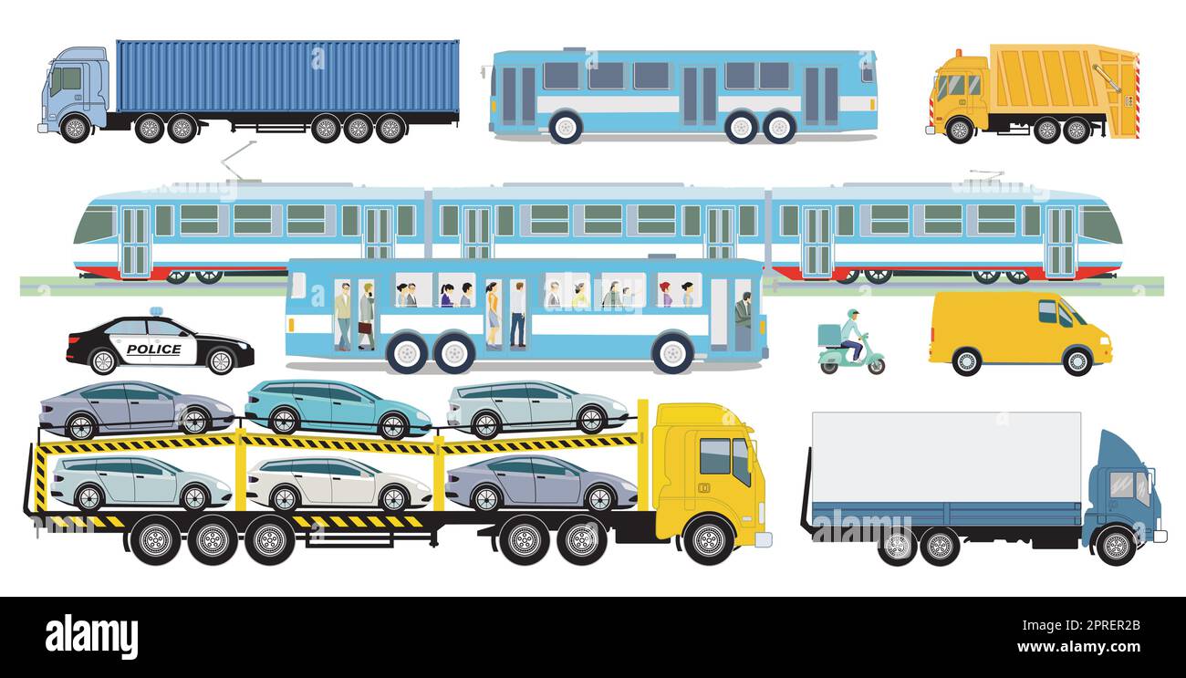 Vehicles and tram with bus and cars, trucks, illustration Stock Vector