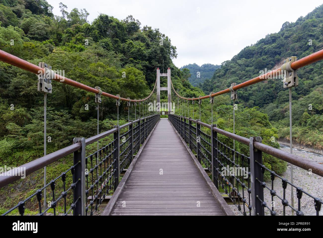 Wooden suspension bridge in forest Stock Photo Alamy