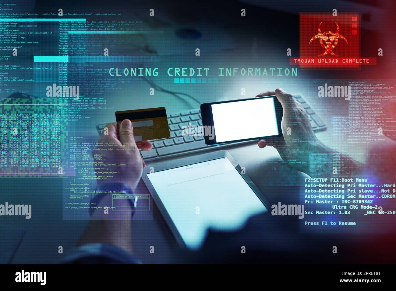 Cyber security, hacking and fraud with a computer hacker holding a credit card and phone while cloning a bank account. Theft, crime and data protection with CGI, special effects or overlay background Stock Photo