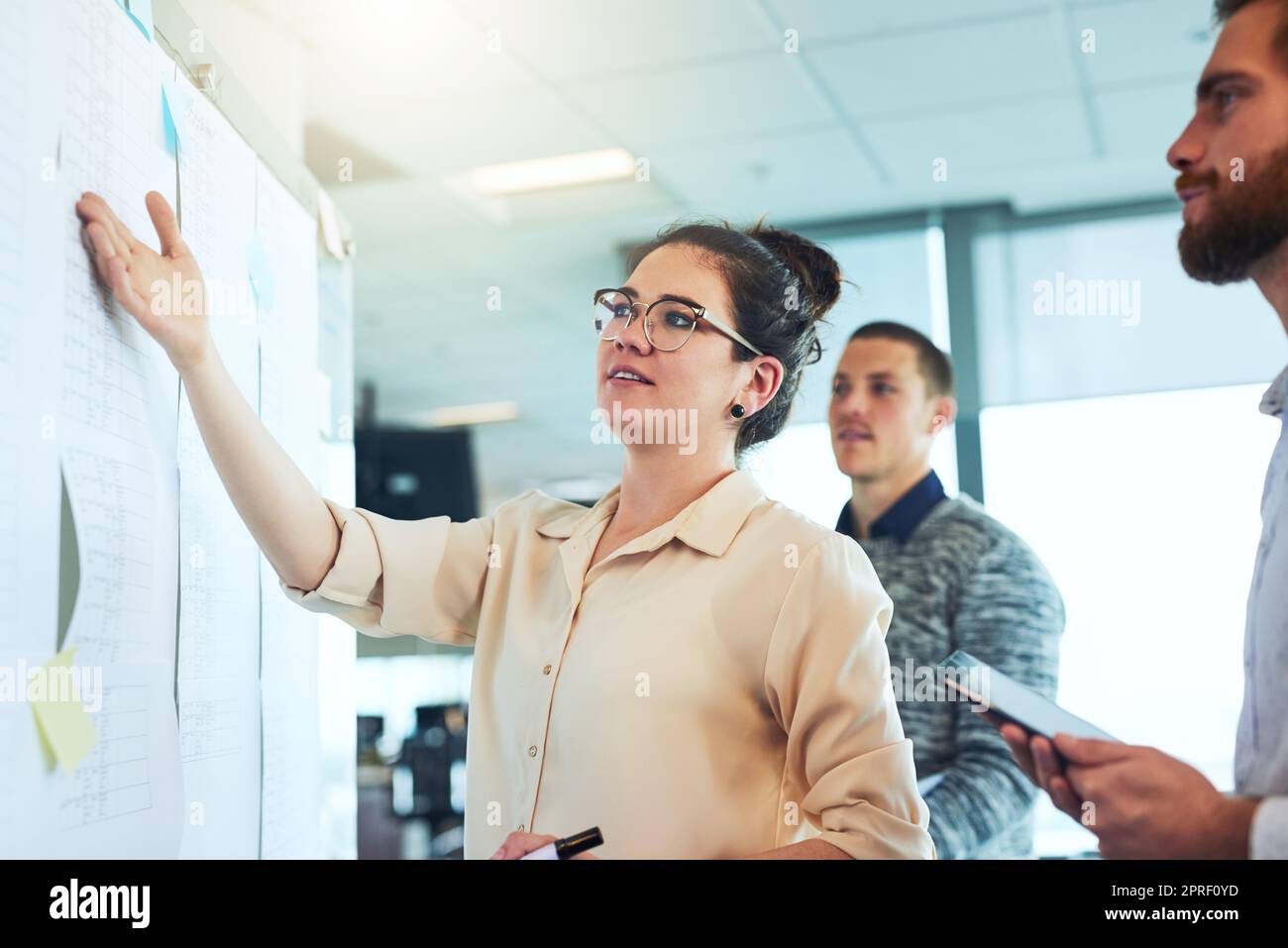 These plans will push our business further. a group of businesspeople brainstorming in an office. Stock Photo