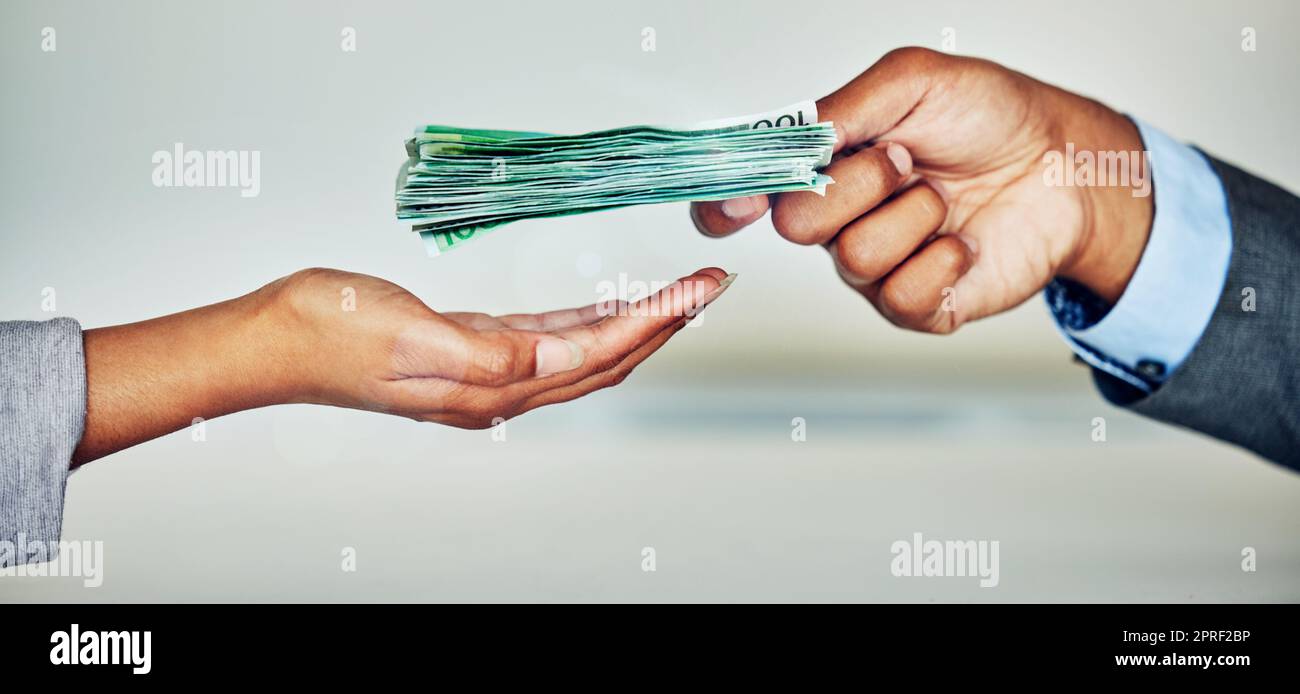 . Paper money, payment or loan cash from a finance manager, banking employee or boss. Hand holding bank notes for financial investment profit, wealth growth for investing, retirement and budget. Stock Photo