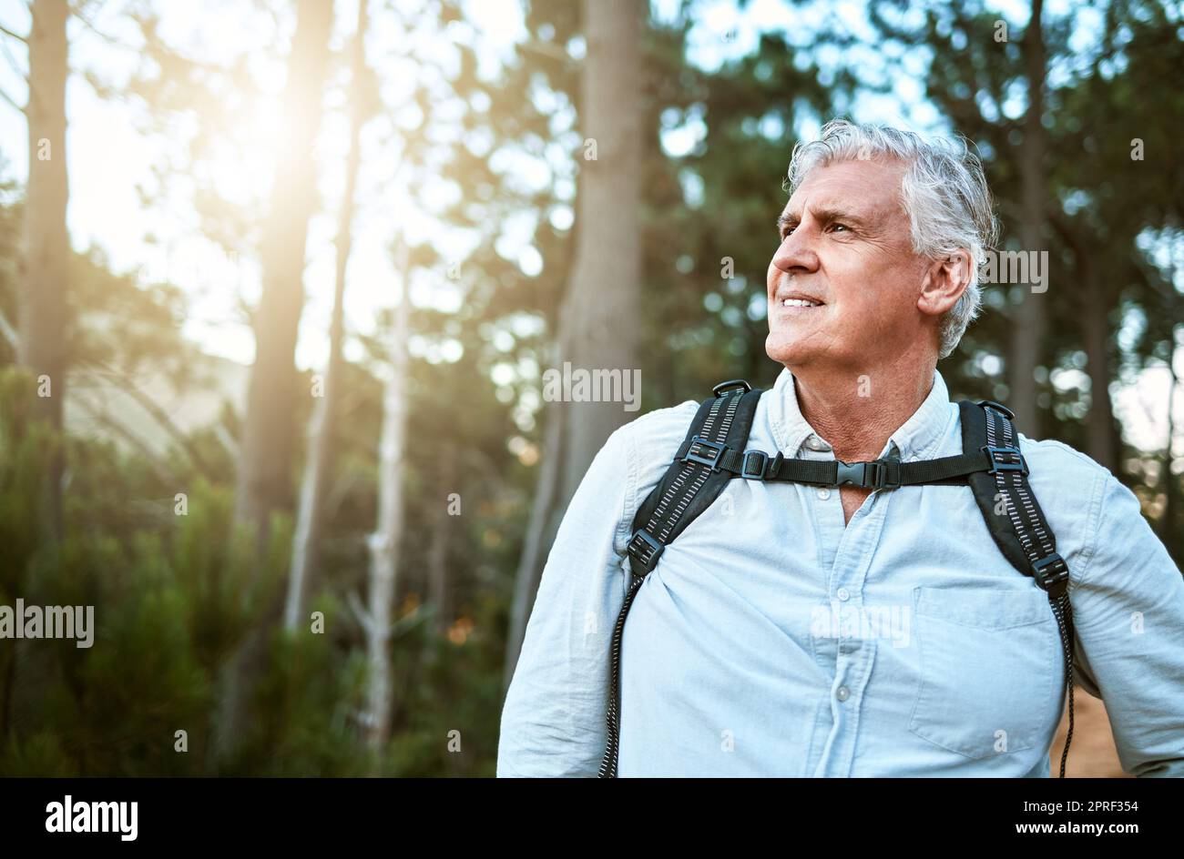 . Senior man walking on hike in nature, looking at view on mountain and hiking on a relaxing getaway vacation alone in the countryside. Retired, mature and happy guy on walk for exercise and fitness. Stock Photo