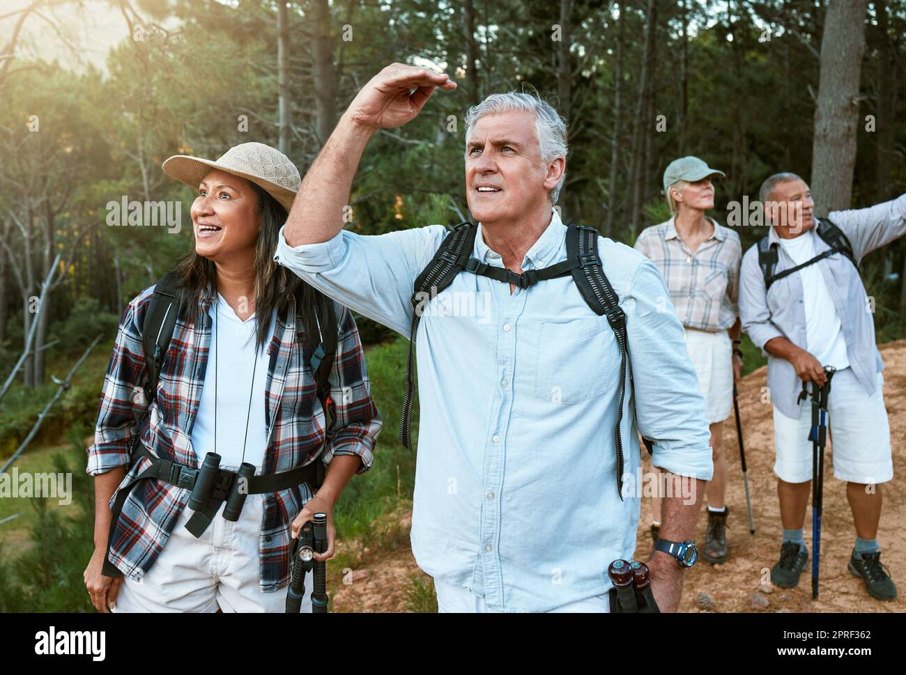. Hiking, adventure and exploring with a group of senior friends having fun, exercising and enjoying the outdoors. Walking, discovery and journey with old people sightseeing in the forest or woods. Stock Photo
