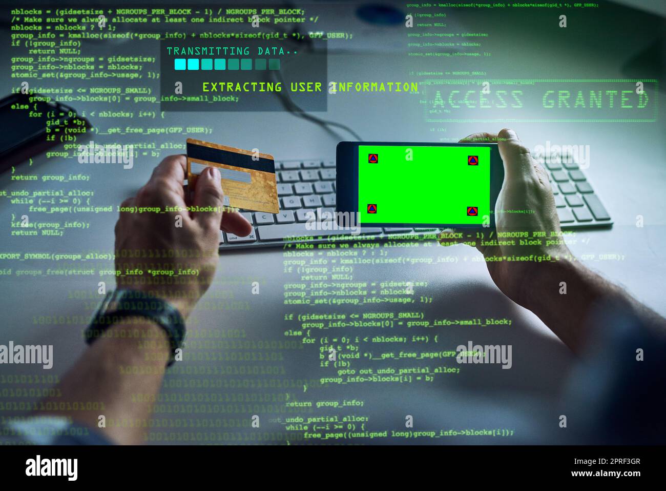 Hacking credit card with phone, green screen chromakey markers or copy space and sci fi graphic data. Cyberpunk, information technology or software hacker man stealing online or phishing with malware Stock Photo