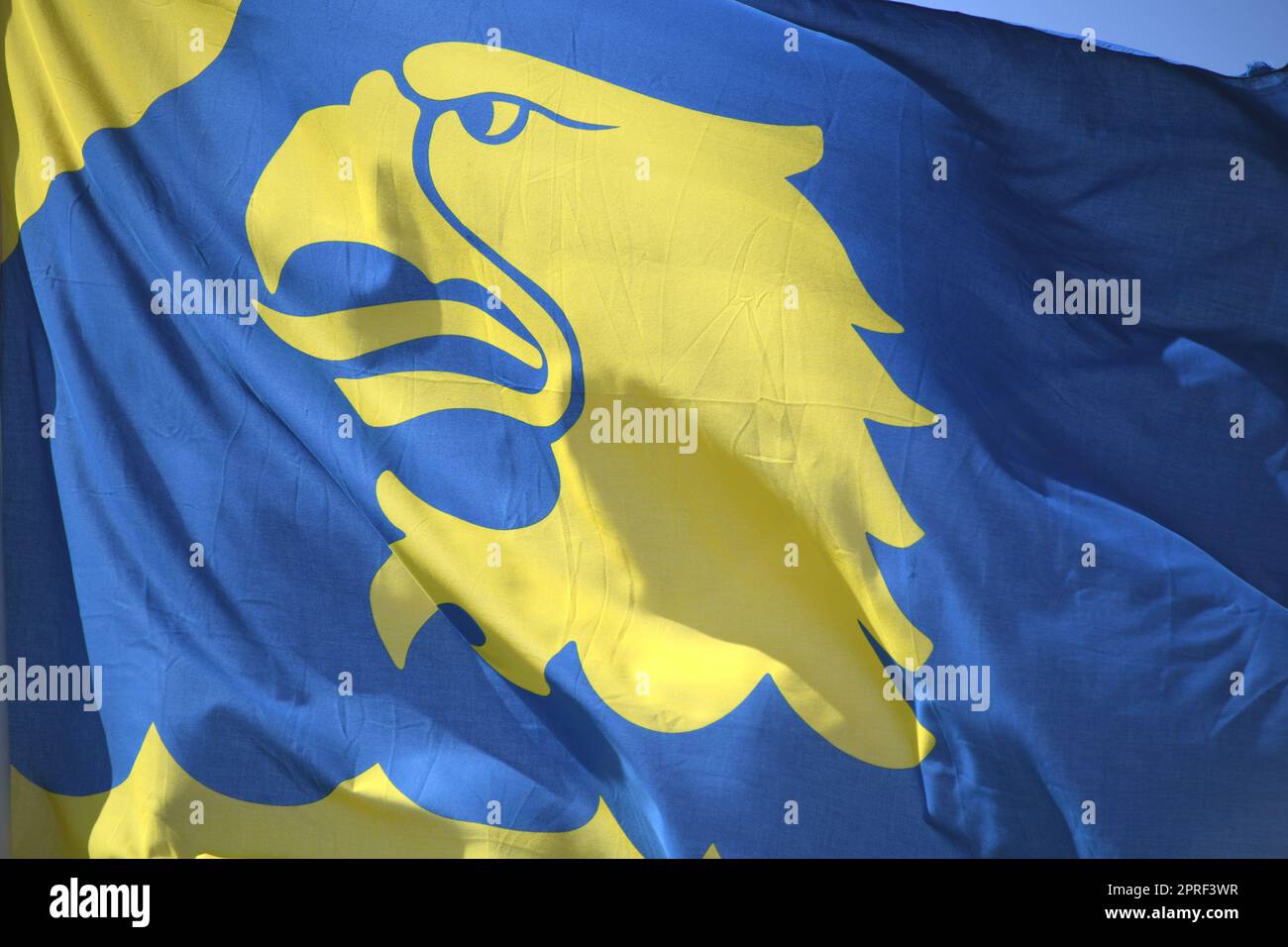 The blue and yellow flag of the Swedish Coast Guard,Kustbevakningen,with the yellow eagle's head. The Coast Guard is also responsible for border protection of the Swedish territory at its sea border Stock Photo