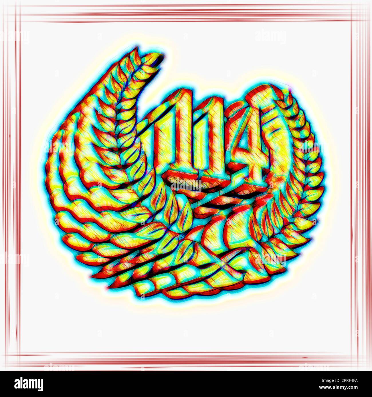 Number 114 with laurel wreath or honor wreath as a 3D-illustration, 3D ...