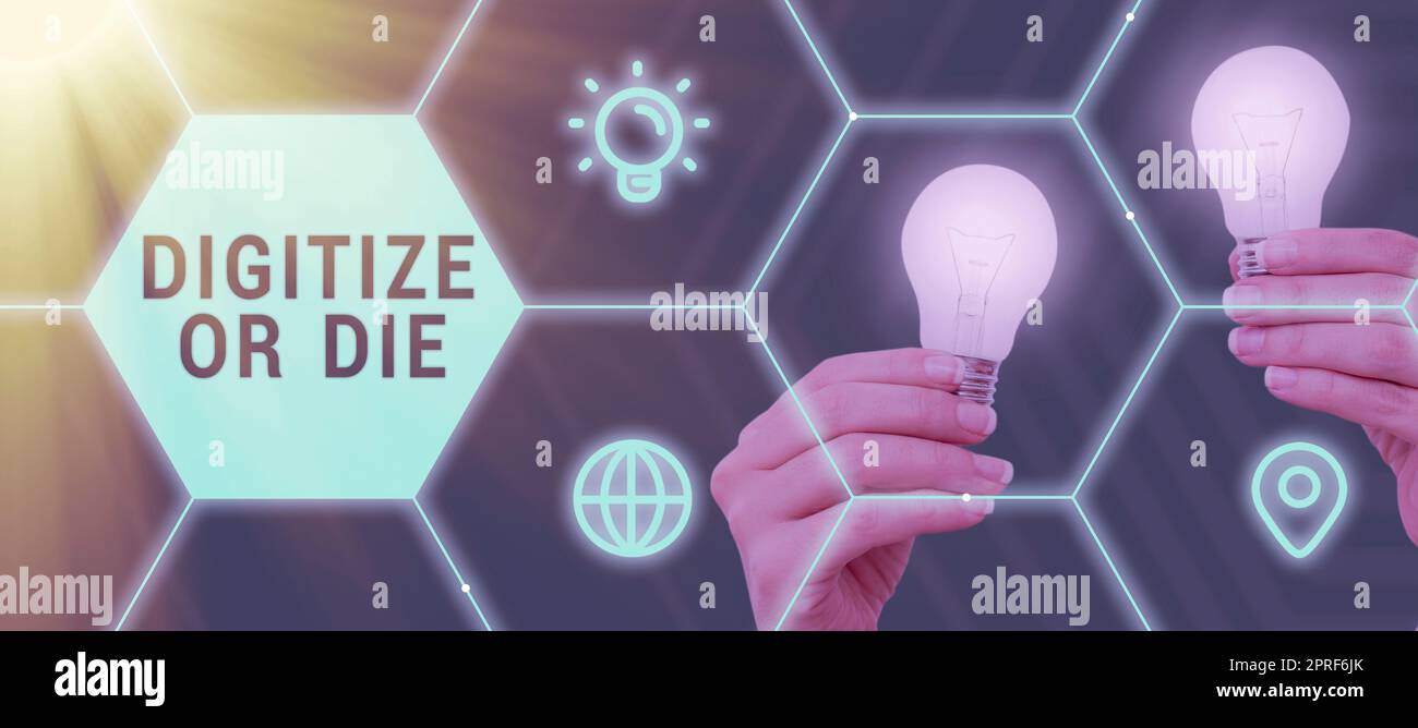 Hand writing sign Digitize Or Die. Word for Embrace the digital evolution or get beaten by competition Businessman Holding A Pad With Important Data In Futuristic Lines Design. Stock Photo