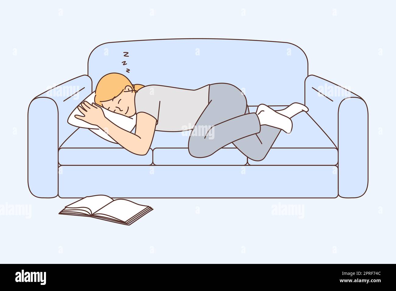 Happy young woman sleeping on sofa after reading book. Tired girl fall