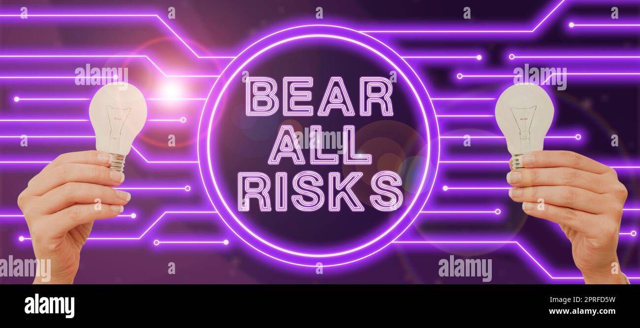 Conceptual caption Bear All Risks. Word for Be aware of all things that can go wrong Financial protection Man Pointing On Glowing Digital Symbols Making An Important Presentation. Stock Photo