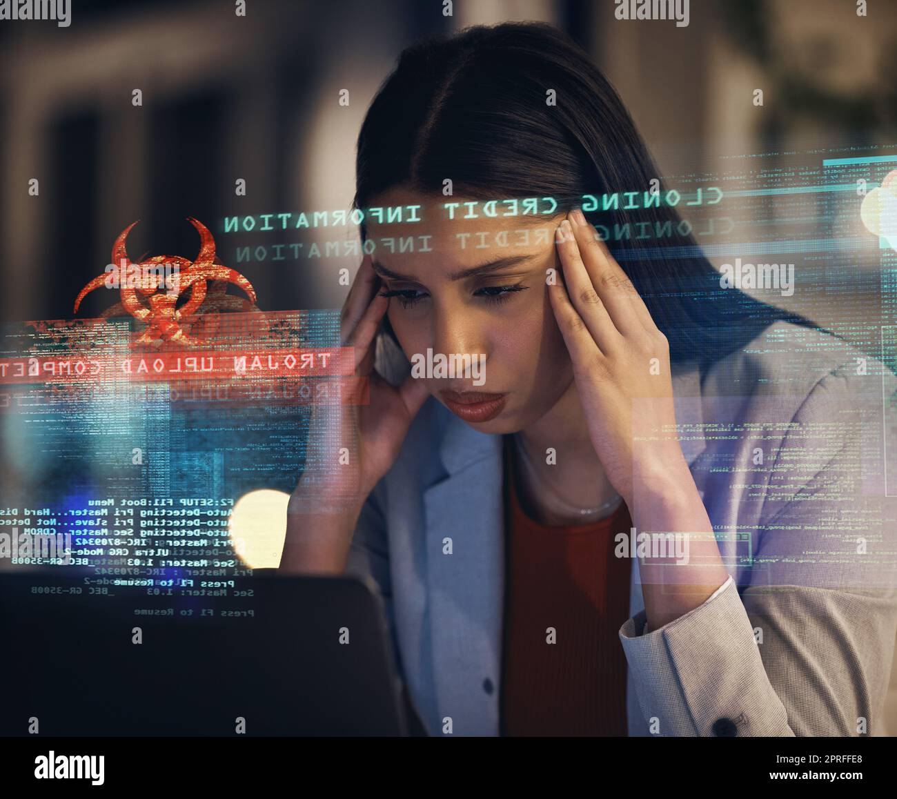 Cyber security, hacking and data analytics employee, tired from working on it, software engineering glitch. Big data, cloud computing and information technology worker with credit database hacker Stock Photo