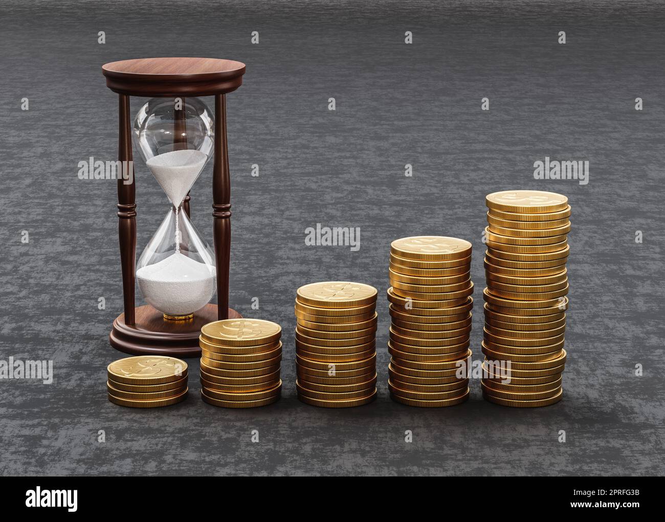 Rising Heaps of Golden Coins on Dark Background with Classic Wooden ...