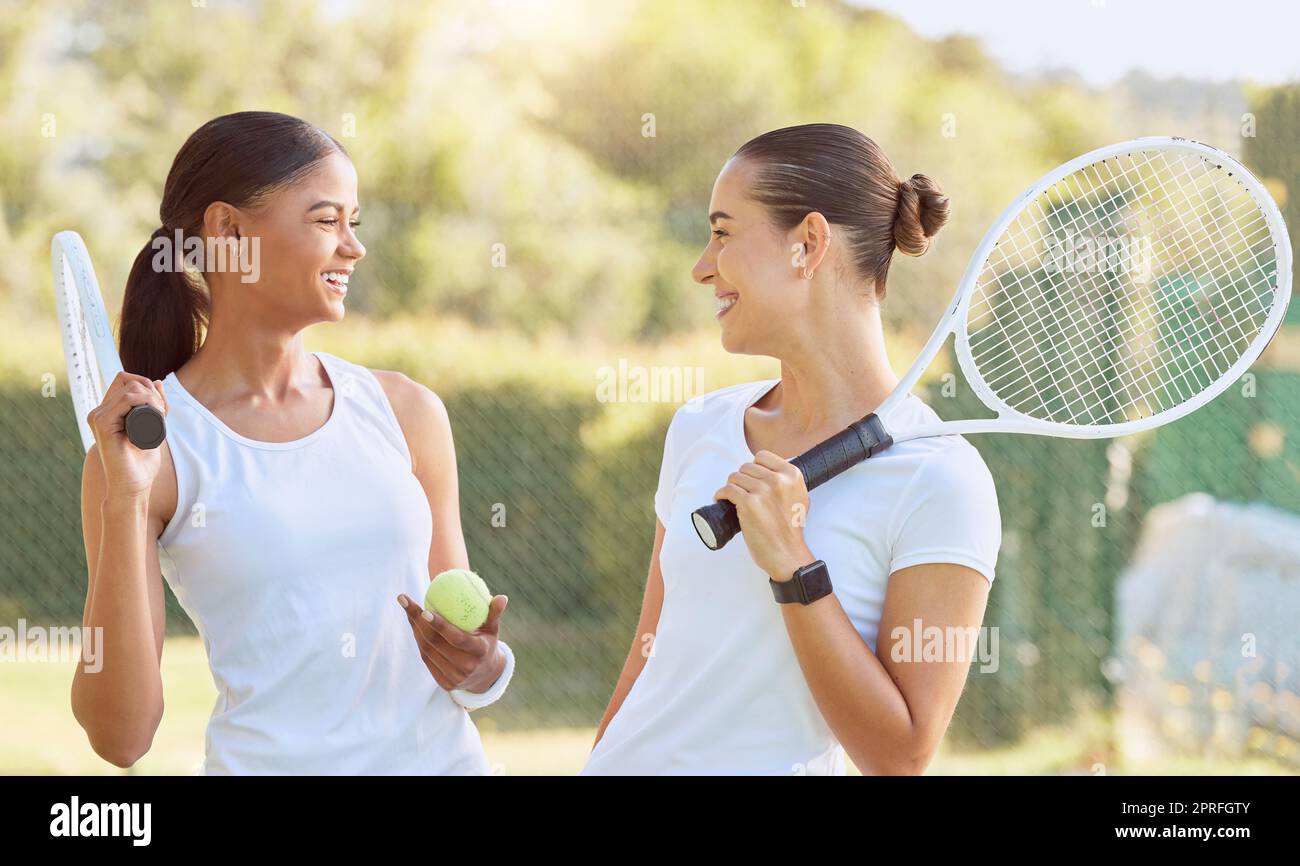 Tennis game, sport team and women happy while training for sports competition, smile for
