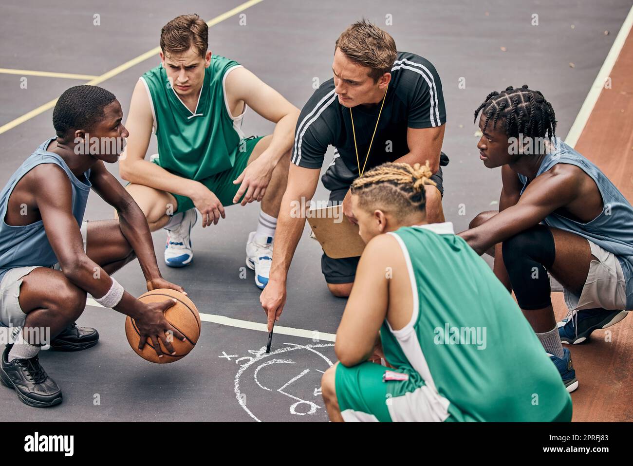 Basketball, team and sport teamwork coach match planning a fitness