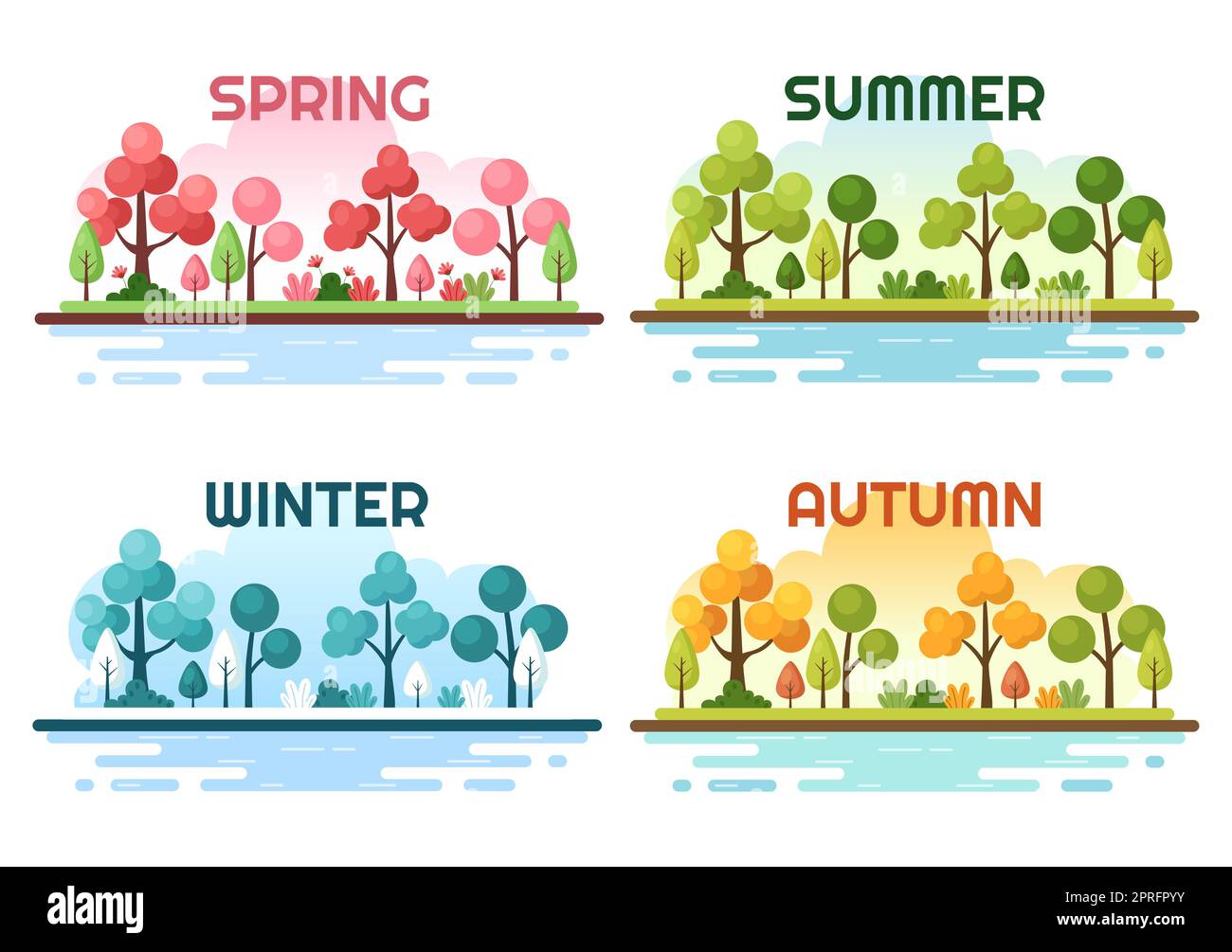 Scenery of the Four Seasons of Nature with Landscape Spring, Summer, Autumn and Winter in