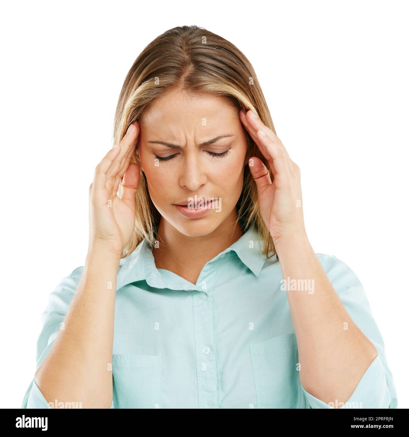 Does anyone have a headache tablet. an unhappy woman with a headache