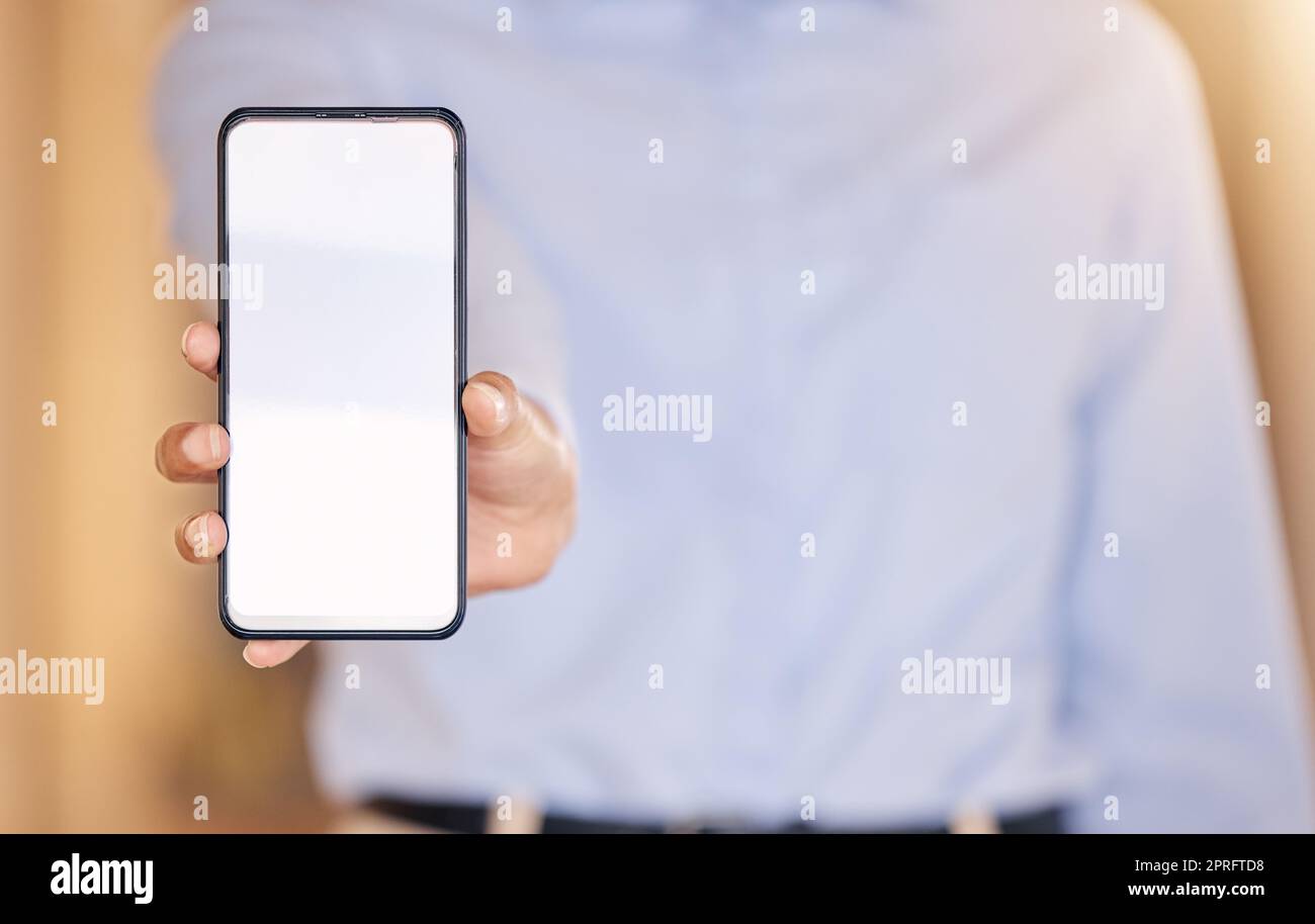 Marketing, advertising and digital phone mockup in the hands of a user ...