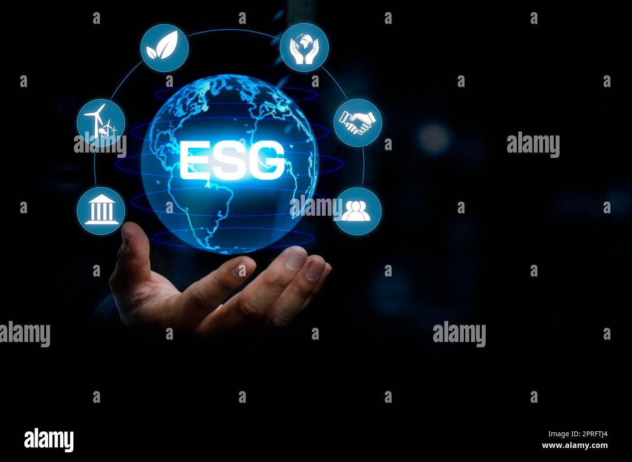 Businessman touching ESG Environmental Social Governance virtual screen Internet Business Technology Concept. Stock Photo