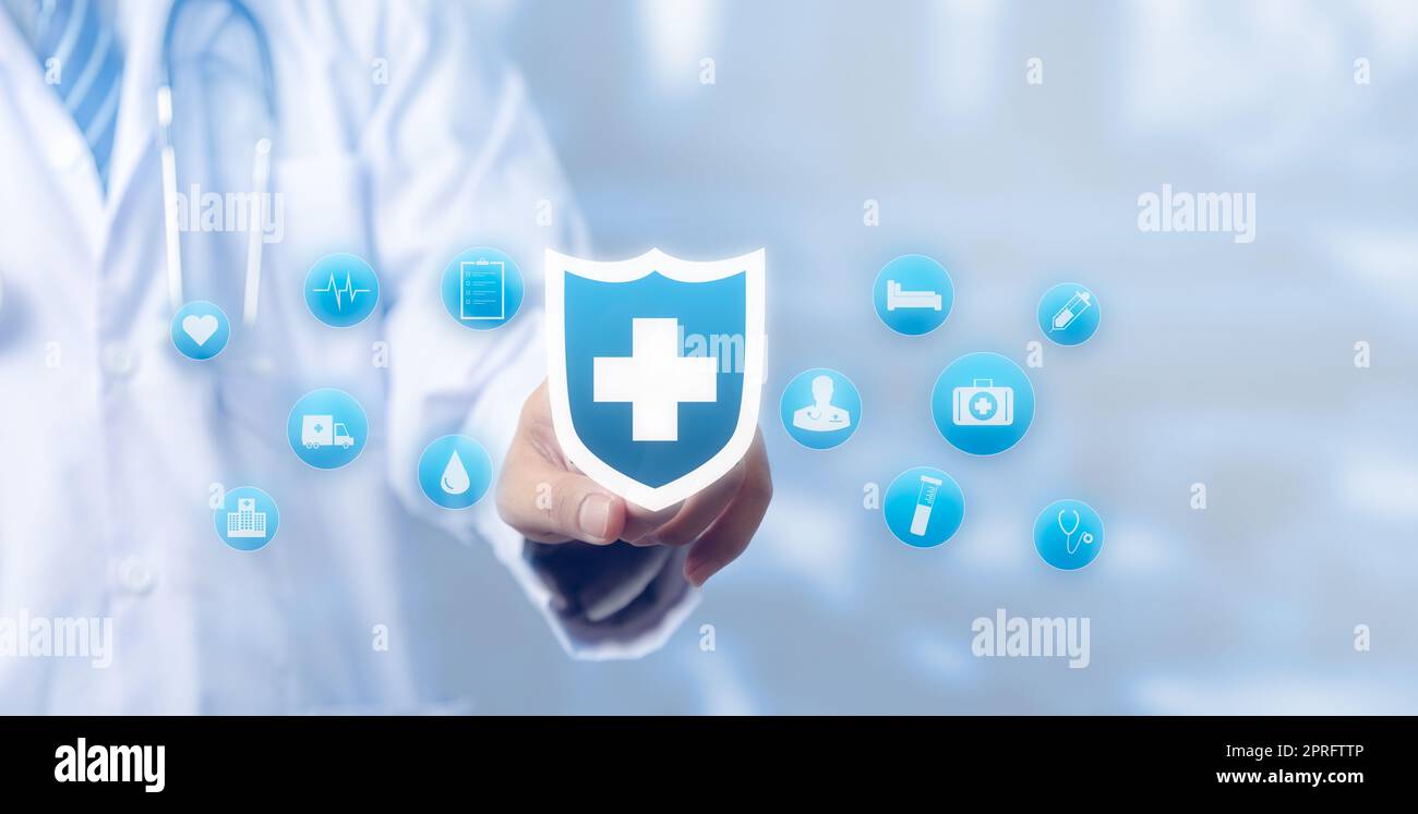 Doctor hand icon virtual screen interface technology health care on background. Stock Photo