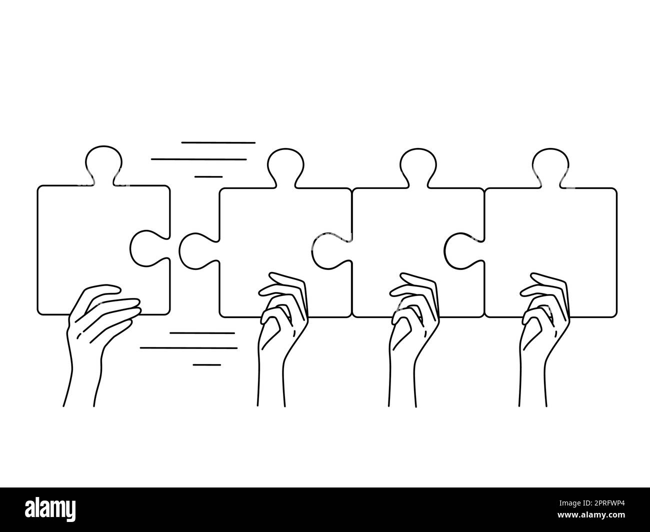 People hands with colorful jigsaw puzzles connect pieces together