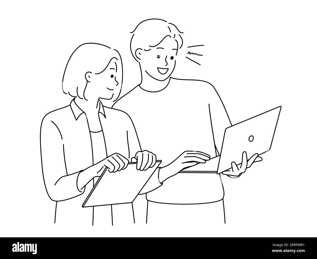 Smiling businesspeople with laptop brainstorm work together on gadget. Happy colleagues collaborate using computer. Teamwork and cooperation. Vector i Stock Photo