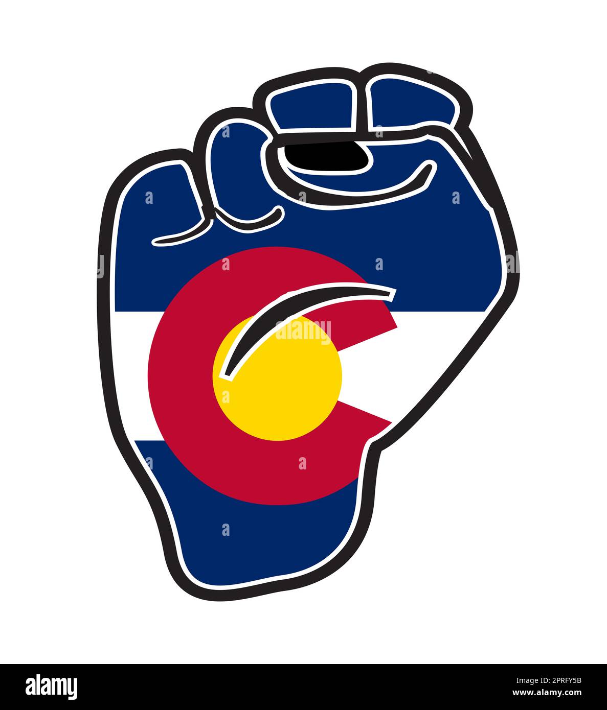 A black outline power fist over the Colorado state flag isolated on a