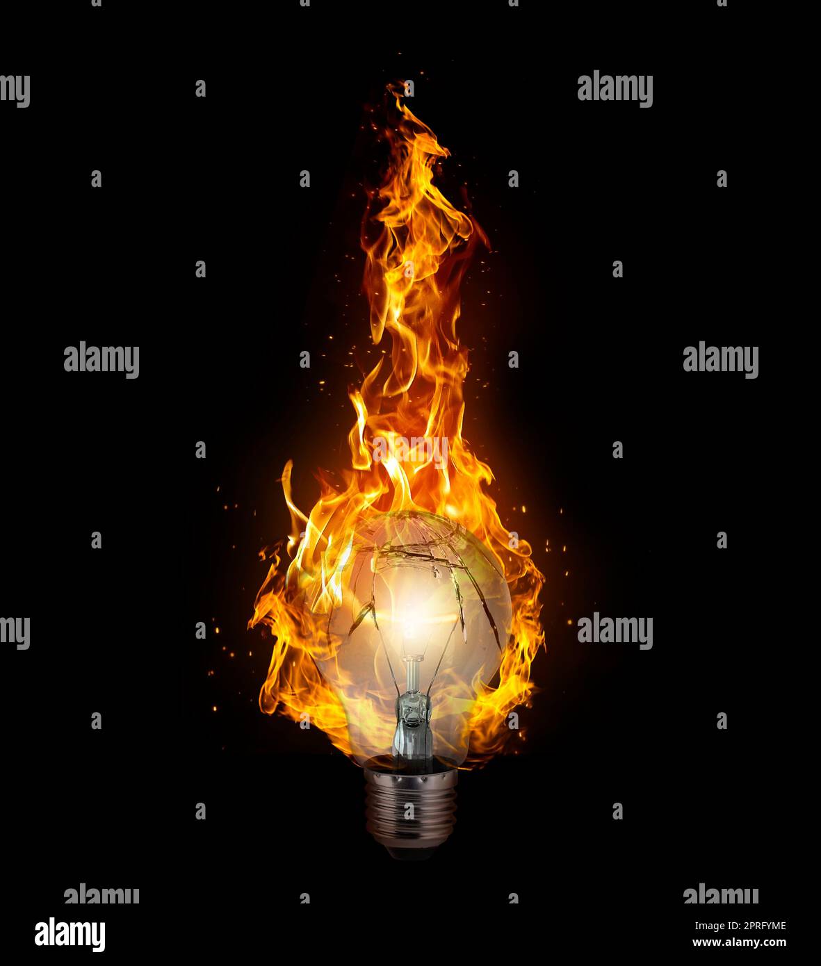 broken light bulb with flame on black background. 3d render Stock Photo