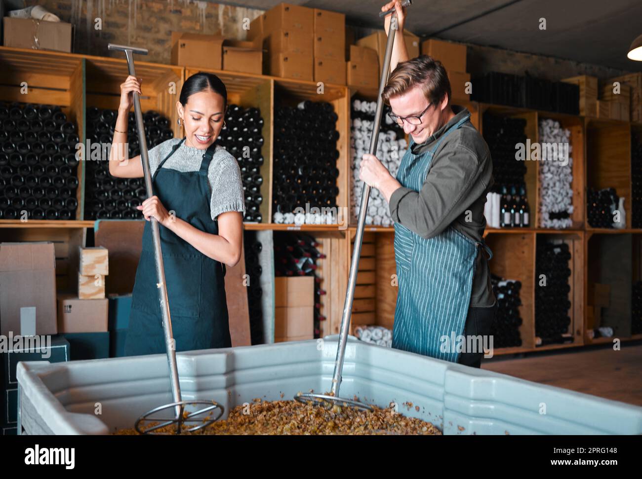 Small business wine farm agriculture worker in organic brewery, grape pulp ferment process in distillery and alcohol drink distribution. Cellar owners press healthy fresh ripe fruit in modern barrel Stock Photo