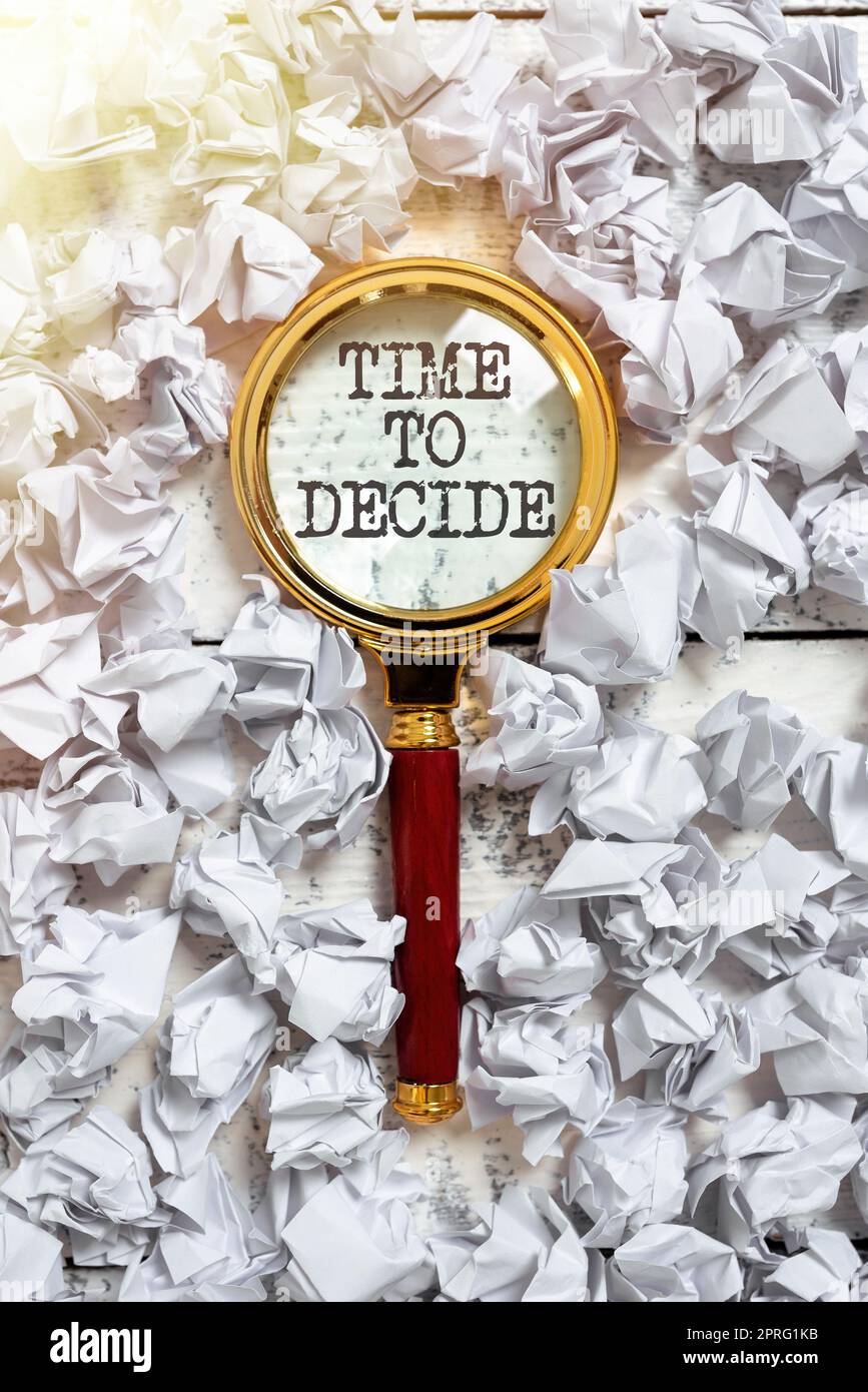Text sign showing Time To Decide. Word for Right moment for make a choice between some alternatives Man Holding Tablet With Late Data And S Over And Presenting New Ideas. Stock Photo