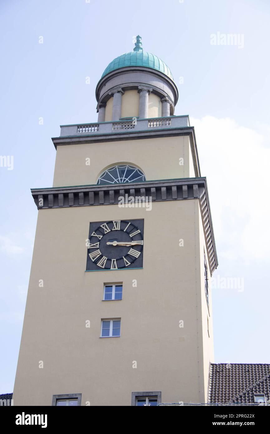 whitewashed town hall Witten with tower Stock Photo