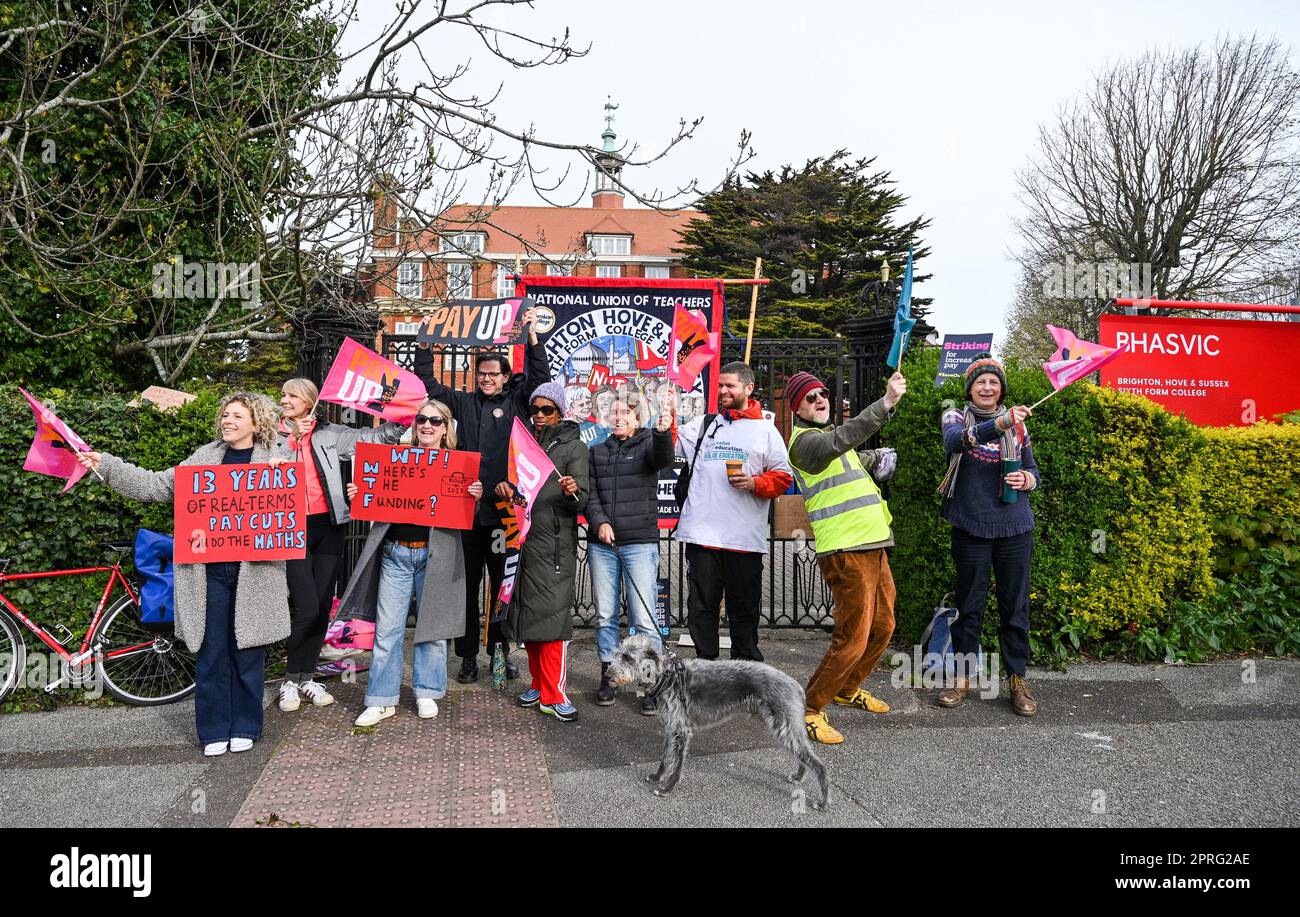 Brighton UK 27th April 2023 - Teachers on strike outside the Brighton, Hove & Sussex Sixth Form College (BHASVIC) in their ongoing dispute with the government over pay and conditions: Credit Simon Dack / Alamy Live News Stock Photo