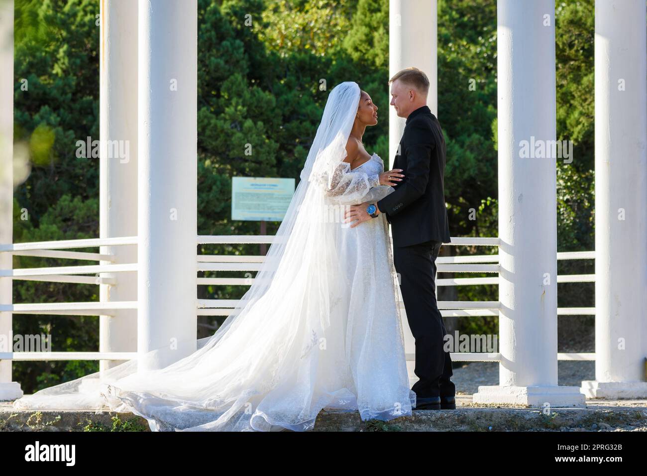 Mixed-racial newlyweds on a walk hugging against the backdrop of a beautiful gazebo Stock Photo