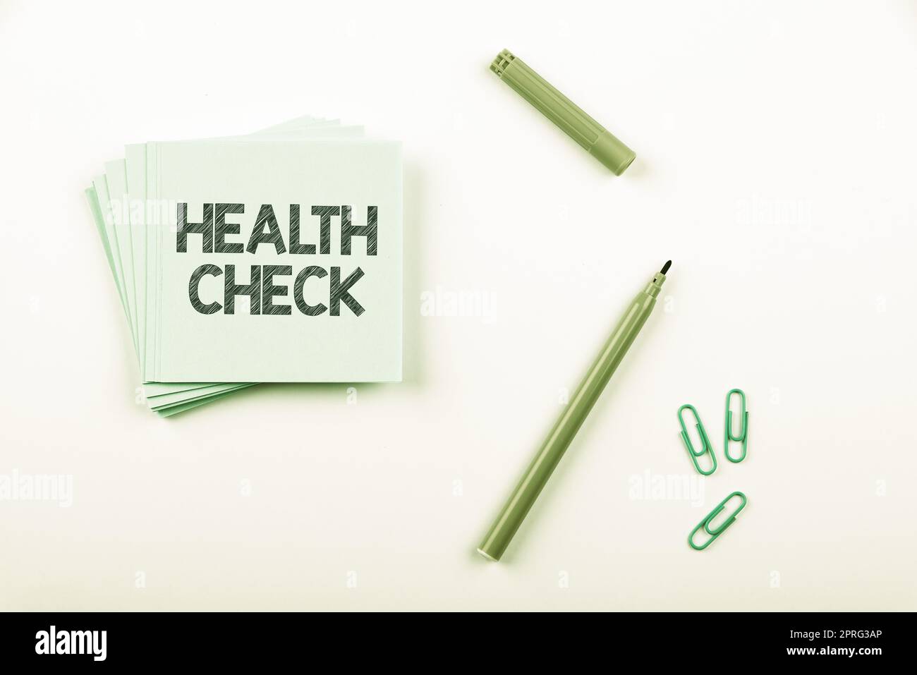 Hand writing sign Health Check. Conceptual photo Medical Examination Diagnosis Tests to prevent diseases Woman Holding Pen On Desk With Paperwraps And Note With Important Data. Stock Photo