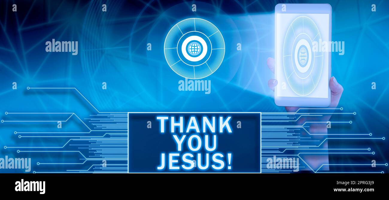 Sign displaying Thank You Jesus. Word for Being grateful for what the Lord has given you Religious Man With Light Bulbs And Puzzle Pieces Around Thinking New Ideas. Stock Photo