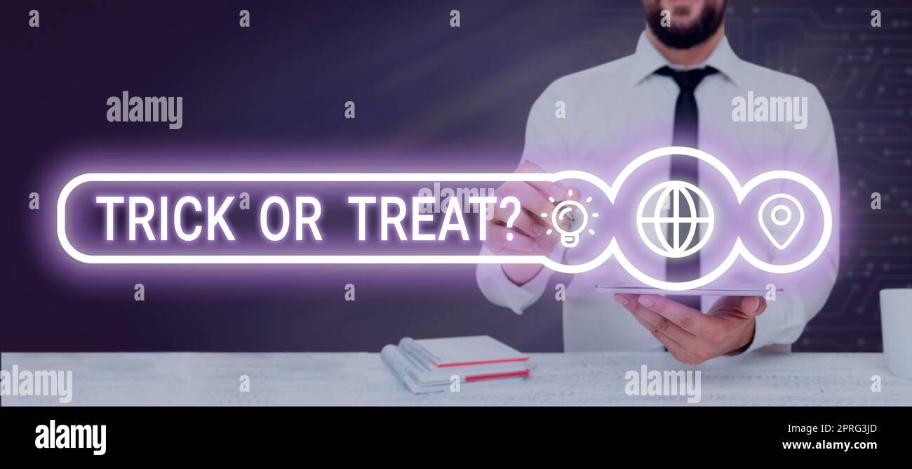 Conceptual display Trick Or Treat. Business idea Halloween tradition consisting in asking for sweets Businessman in suit holding open palm symbolizing successful teamwork. Stock Photo