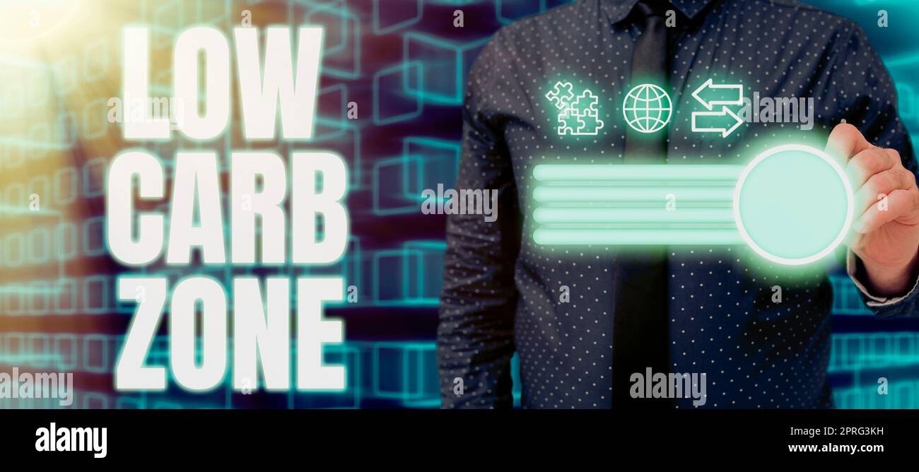 Conceptual display Low Carb Zone. Business overview Healthy diet for losing weight eating more proteins sugar free Buisnessman Pointing On Digital S For Connectivity In A Presentation. Stock Photo
