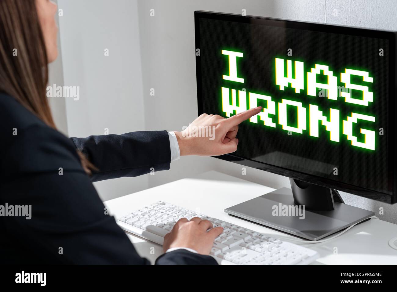 Handwriting text I Was Wrong. Business approach Acceptance of a mistake error Giving an apology Failure Man With Pen Pointing On Power Symbol And Digital S Containing Data. Stock Photo